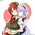  2girls apron artist_name bangs blue_eyes blue_vest blush braid breasts cabbie_hat eyebrows_visible_through_hair green_vest hair_ribbon hat hat_ornament hong_meiling hug hug_from_behind izayoi_sakuya kanta_(pixiv9296614) large_breasts long_hair long_sleeves maid maid_apron maid_headdress multiple_girls one_eye_closed open_mouth puffy_short_sleeves puffy_sleeves red_eyes red_neckwear redhead ribbon short_hair short_sleeves silver_hair smile star_(symbol) star_hat_ornament touhou tress_ribbon twin_braids vest yuri 