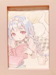  1girl :o bangs blue_hair blush book book_stack bow braid chitosezaka_suzu commentary_request cup dress eyebrows_visible_through_hair grey_dress hair_bow highres holding holding_book long_hair long_sleeves looking_at_viewer low_twintails lying mug no_shoes on_stomach open_book original parted_lips photo_(medium) picture_frame pink_shirt plaid plaid_dress red_eyes shirt sleeveless sleeveless_dress solo thigh-highs traditional_media twin_braids twintails very_long_hair white_bow white_legwear wooden_floor 