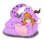  1girl animal_costume bangs black-framed_eyewear blonde_hair blunt_bangs blush braid commentary cosplay dragon_costume dragon_girl dragon_hood english_commentary fangs full_body glasses head_rest highres hololive kigurumi kiryu_coco long_hair looking_at_viewer lying multicolored_hair on_side orange_hair ranox red_eyes skin_fangs smirk solo streaked_hair twin_braids twintails virtual_youtuber 