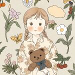  1girl blush braid brown_hair bug butterfly collared_shirt expressionless flower leaf long_hair long_sleeves looking_at_viewer original pink_flower plant print_shirt purple_flower shirt solo stuffed_animal stuffed_toy teddy_bear twin_braids upper_body white_flower yellow_butterfly yoovora 