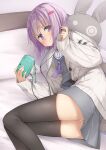  1girl a.i._voice ass bangs bed black_legwear black_shirt blush cardigan closed_mouth commentary_request earphones earphones eyebrows_visible_through_hair feet_out_of_frame grey_shirt grey_skirt hair_ornament hairclip highres holding holding_phone kanzen_bouon looking_at_viewer lying on_bed on_side open_cardigan open_clothes panties phone pillow pleated_skirt purple_hair purple_neckwear sailor_collar school_uniform serafuku shirt skirt solo stuffed_animal stuffed_bunny stuffed_toy thigh-highs undershirt underwear violet_eyes voiceroid white_cardigan white_panties white_sailor_collar yuzuki_yukari yuzuki_yukari_(shizuku) 