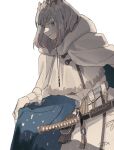  1boy absurdres blue_cape blue_eyes cape cloak diamond_hairband fate/grand_order fate_(series) fur-trimmed_cape fur_trim grey_hair highres holding holding_cape katana male_focus oberon_(fate) profile short_hair simple_background smile solo sost_fgo sword two-tone_cape weapon white_background white_cape white_cloak 