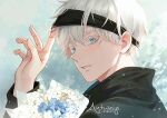  1boy antweiyi artist_name black_blindfold black_jacket blindfold blindfold_lift blue_eyes blue_flower bouquet flower gojou_satoru holding holding_bouquet jacket jujutsu_kaisen looking_at_viewer male_focus outdoors parted_lips rain short_hair solo teeth upper_body water_drop white_flower white_hair 