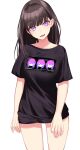  1girl absurdres bangs black_shirt blunt_bangs brown_hair clothes_writing collarbone earrings eyebrows_visible_through_hair hair_intakes highres ichiki_1 jewelry long_hair looking_at_viewer mole mole_under_eye no_pants open_mouth original shirt simple_background smile solo violet_eyes white_background 