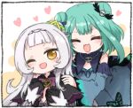  2girls :3 ;d ^_^ blue_dress blush border chibi closed_eyes detached_sleeves dress hands_on_another&#039;s_shoulders hololive hug hug_from_behind multiple_girls murasaki_shion one_eye_closed open_mouth smile tonton_(tonz159) uruha_rushia 