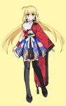  1girl ahoge alternate_costume appleale19 artoria_pendragon_(caster)_(fate) artoria_pendragon_(fate) bangs blonde_hair cosplay costume_switch emiya_shirou eyebrows_visible_through_hair fate/grand_order fate_(series) floral_print full_body green_eyes japanese_clothes looking_at_viewer senji_muramasa_(fate) senji_muramasa_(fate)_(cosplay) simple_background skirt smile solo thigh-highs twintails wide_sleeves wristband yellow_background 