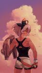  1girl 2049_(hh5566) bangs bea_(pokemon) black_bodysuit black_hairband bodysuit bodysuit_under_clothes bow_hairband clouds commentary_request dynamax_band from_behind gloves grey_hair hairband hand_up holding holding_clothes holding_jacket holding_poke_ball jacket leaves_in_wind looking_to_the_side outdoors parted_lips partially_fingerless_gloves poke_ball pokemon pokemon_(game) pokemon_swsh print_shirt shirt short_hair shorts sky solo wet 