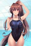  1girl black_swimsuit blush breasts brown_eyes brown_hair competition_school_swimsuit cowboy_shot eyebrows_visible_through_hair flower goggles goggles_around_neck hair_between_eyes hair_flower hair_ornament highleg highleg_swimsuit highres kantai_collection kasumi_(skchkko) large_breasts long_hair one-piece_swimsuit open_mouth pink_flower ponytail pool school_swimsuit solo standing swimsuit thigh_gap very_long_hair wet wet_clothes wet_swimsuit yamato_(kancolle) 