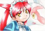  1girl bangs blue_ribbon closed_mouth commentary_request dress eyelashes hair_between_eyes headdress highres latias legendary_pokemon long_hair maid maid_day neck_ribbon oka_mochi pokemon pokemon_adventures redhead ribbon smile traditional_media twintails upper_body white_background white_dress yellow_eyes 