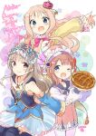  3girls atelier_(series) atelier_meruru atelier_rorona atelier_totori blue_eyes blue_sleeves blush brown_hair closed_mouth crown detached_sleeves dress food hat highres long_hair looking_at_viewer merurulince_rede_arls minidraco multiple_girls open_mouth pie pink_hair rororina_fryxell skirt smile totooria_helmold violet_eyes younger 