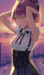  1girl absurdres armpits arms_behind_head arms_up beret blouse casual frills green_eyes hat highres hololive looking_at_viewer pom_pom_(clothes) purple_hair ribbon short_hair skirt sleeveless smile solo sooon sun sunset suspender_skirt suspenders tokoyami_towa virtual_youtuber 