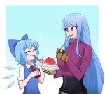  2girls belt blue_dress blue_eyes blue_hair breasts cirno commentary cup dress eating flat_chest highres ice ice_wings jacket kula_diamond large_breasts long_hair mata_(matasoup) multiple_girls puffy_short_sleeves puffy_sleeves red_neckwear short_hair short_sleeves simple_background spoon the_king_of_fighters touhou violet_eyes white_background wings 