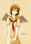  1girl angel_wings bangs brown_eyes brown_hair dated dress feathered_wings grey_wings haibane_renmei halo hands_together limited_palette looking_at_viewer neckerchief orange_sailor_collar rakka_(haibane) red_neckwear sailor_collar short_hair short_sleeves simple_background smile solo static_cling tan_background white_dress wings yasu_(shijimi_8) 