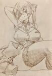  1girl :q arm_behind_head armpits breasts closed_mouth commentary_request highres hololive houshou_marine large_breasts looking_at_viewer medium_hair mitsuba-sama_(milkba-ng) monochrome sitting sketch smile solo thigh-highs tongue tongue_out twintails virtual_youtuber 