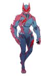  1boy absurdres armor blue_armor catball1994 claws full_body glowing glowing_eyes highres kamen_rider kamen_rider_revi kamen_rider_revice male_focus pink_armor red_armor red_eyes rex_genome sharp_teeth shoulder_spikes simple_background spikes teeth violet_eyes visor white_background 