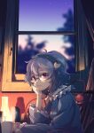  1girl blouse blue_blouse candle chair eyeball glasses hair_ornament hairband heart heart_hair_ornament highres komeiji_satori looking_to_the_side night noumin_joemanyodw pink_eyes pink_hair ribbon-trimmed_collar ribbon_trim solo studying third_eye touhou window 