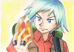  1boy backpack bag bangs blue_eyes blue_hair brown_vest closed_mouth collared_shirt commentary_request hand_up highres holding jewelry looking_at_object male_focus oka_mochi orange_shirt pokemon pokemon_(anime) pokemon_rse_(anime) ring shirt short_hair smile solo spiky_hair steven_stone stone strap traditional_media upper_body vest yellow_background 