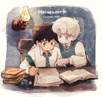  2boys albus_severus_potter amazou black_hair blonde_hair blue_eyes book chair green_eyes harry_potter harry_potter:_the_cursed_child hogwarts_school_uniform holding_quill ink_bottle inkwell multiple_boys necktie open_book quill school_uniform scorpius_malfoy short_hair slytherin smile striped striped_neckwear vest writing 