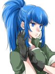  1girl adjusting_clothes adjusting_gloves bangs black_gloves blue_eyes blue_hair earrings gloves green_jacket high_ponytail jacket jewelry leona_heidern long_hair military military_uniform ponytail shino-o simple_background solo the_king_of_fighters triangle_earrings uniform white_background 