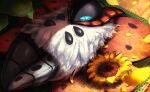  blue_eyes bug commentary_request ewokakukaede flower highres leaf lying moth no_humans on_back petals pokemon pokemon_(creature) solo sunflower volcarona white_fur 