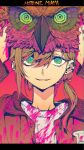  1boy arms_up bangs bird blood blood_on_clothes blood_on_hands blue_eyes brown_hair brown_jacket gradient_eyes green_eyes hair_between_eyes highres holding hotline_miami jacket kanae_(nijisanji) letterboxed long_sleeves looking_at_viewer maki_keigo male_focus mole mole_under_eye multicolored multicolored_eyes nijisanji owl parted_lips pink_blood ponytail shirt simple_background solo virtual_youtuber white_shirt 