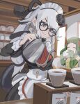  alternate_costume apron bare_shoulders black_dress blush closed_eyes coffee collar commentary_request dress drinking elbow_gloves enmaided eyebrows_visible_through_hair frilled_apron frilled_collar frilled_cuffs frills genbu_(kemono_friends) glasses gloves green_gloves green_hair hair_ornament high_ponytail highres kemono_friends kemono_friends_3 kunikuni_(kunihiro2005) lizard_tail long_sleeves maid maid_apron multicolored_hair necktie ponytail red-eared_slider_(kemono_friends) red_neckwear redhead reptile_girl short_hair sleeve_cuffs sleeveless snake_hair_ornament tail turtle_shell two-tone_hair vest white_apron white_hair yellow_vest 