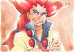 1boy alder_(pokemon) arm_hair brown_background collarbone commentary_request crossed_arms facial_hair grey_eyes hair_tie jewelry long_hair male_focus multicolored_hair necklace oka_mochi orange_hair parted_lips poke_ball pokemon pokemon_(game) pokemon_bw poncho ponytail popped_collar redhead smile solo spiky_hair tied_hair traditional_media two-tone_hair upper_body 