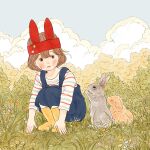  1girl bangs black_overalls blue_sky blush brown_hair clouds cloudy_sky flower grass highres long_sleeves orange_flower original plant rabbit shirt short_hair sky solo striped striped_shirt yellow_footwear yoovora 