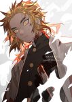  1boy angry artist_name black_jacket blonde_hair blood blood_on_clothes blood_on_face cape closed_mouth facebook_username gradient_hair jacket jewelry kimetsu_no_yaiba long_hair male_focus manfung multicolored_hair redhead rengoku_kyoujurou solo sword two-tone_hair uniform upper_body weapon white_cape 