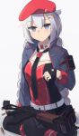  +_+ 1girl bangs belt beret black_legwear black_neckwear blue_eyes blue_jacket braid breasts bullet dress eyebrows_visible_through_hair girls_frontline hair_ornament hairclip hand_on_floor hat highres hinami047 jacket long_hair looking_at_viewer low_twintails necktie on_floor open_clothes open_jacket ots-12 ots-12_(girls&#039;_frontline) pantyhose red_headwear russian_flag silver_hair sitting solo soviet_flag star_(symbol) star_hair_ornament twin_braids twintails uniform weapon white_background white_belt white_hair 