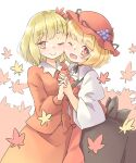  2girls aki_minoriko aki_shizuha arnest blonde_hair blush closed_mouth eyebrows_visible_through_hair hat highres leaf maple_leaf mob_cap multiple_girls one_eye_closed open_mouth orange_eyes red_headwear short_hair siblings simple_background sisters smile touhou white_background yellow_eyes 