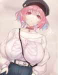  1girl belt blue_hair breasts collar collarbone earrings hands_in_pockets heart heart_earrings huge_breasts idolmaster idolmaster_cinderella_girls jewelry long_sleeves looking_at_viewer multicolored_hair pink_collar pink_hair sanom shirt short_hair solo two-tone_hair white_belt white_shirt yumemi_riamu 