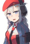  +_+ 1girl beret black_neckwear blue_eyes blue_jacket braid braided_ponytail breasts eyebrows_visible_through_hair flower-shaped_pupils girls_frontline grey_hair hair_ornament hairclip hat hat_ornament headphones highres hinami047 jacket long_hair looking_at_viewer necktie open_clothes open_jacket open_mouth ots-12_(girls&#039;_frontline) red_headwear russian_flag smile solo soviet_flag star-shaped_pupils star_(symbol) star_hair_ornament star_hat_ornament symbol-shaped_pupils white_background 