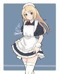  1girl alternate_costume apron artist_logo black_dress blonde_hair blue_eyes border cowboy_shot dress enmaided frilled_apron frills highres jervis_(kancolle) kantai_collection long_hair looking_at_viewer maid maid_apron maid_headdress mochizou neck_ribbon one-hour_drawing_challenge red_neckwear ribbon skirt_hold smile solo string_tie thigh-highs two-tone_background white_apron white_border white_legwear wrist_cuffs 