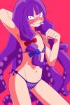  1girl arm_up armpits bangs bikini blue_bow blunt_bangs blush bow cigarette clenched_hand commentary contrapposto cookie_(touhou) cowboy_shot flat_chest grin highres long_hair looking_at_viewer multi-tied_hair navel nose_blush patchouli_knowledge purple_bikini purple_hair red_background red_bow scotch_(cookie) side-tie_bikini simple_background smile solo swimsuit taisa_(cookie) tentacle_hair touhou very_long_hair violet_eyes 