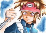  1boy bangs blake_(pokemon) blue_background blue_jacket bodysuit brown_hair chain closed_mouth commentary_request frown furrowed_brow hand_up high_collar highres holding holding_chain jacket looking_down male_focus oka_mochi parted_bangs pink_headwear pokemon pokemon_adventures short_hair solo strap traditional_media upper_body v-shaped_eyebrows violet_eyes visor_cap 