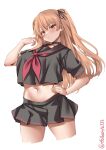  1girl black_choker black_ribbon black_sailor_collar black_serafuku black_skirt blush brown_eyes choker cowboy_shot cropped_legs ebifurya eyebrows_visible_through_hair hair_ribbon hand_on_hip highres johnston_(kancolle) kantai_collection light_brown_hair long_hair looking_at_viewer navel neckerchief pleated_skirt red_neckwear ribbon sailor_collar school_uniform serafuku short_sleeves simple_background skirt solo twitter_username two_side_up white_background 