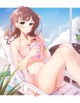  1girl :o absurdres bangs beach_chair bikini blue_eyes brown_hair clouds cloudy_sky commentary cup day earrings feet_out_of_frame flower food frilled_bikini frills hair_flower hair_ornament halterneck highres holding holding_cup ice_cream idolmaster idolmaster_cinderella_girls jewelry koyo_akio leaning_back legs looking_at_viewer medium_hair outdoors parted_lips pink_bikini pink_flower sakuma_mayu sitting sky solo sparkle swimsuit wind 