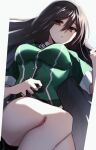  1girl black_eyes black_hair breasts chikuma_(kancolle) commentary_request highres kantai_collection katsuobushi_(eba_games) large_breasts long_hair looking_at_viewer lying military military_uniform remodel_(kantai_collection) solo uniform 