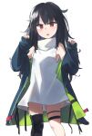  1girl :o black_hair blue_jacket blush c-ms_(girls&#039;_frontline) eyebrows_visible_through_hair girls_frontline highres hinami047 jacket long_hair looking_at_viewer mole mole_under_eye multicolored multicolored_clothes multicolored_jacket open_clothes open_jacket open_mouth red_eyes shirt solo standing white_background white_shirt 