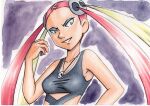  1girl bare_arms blonde_hair breasts collarbone commentary_request eyeshadow grey_eyeshadow hair_ornament highres holding holding_poke_ball jewelry long_hair looking_down makeup multicolored_hair necklace oka_mochi parted_lips pink_hair plumeria_(pokemon) poke_ball poke_ball_(basic) pokemon pokemon_(anime) pokemon_sm_(anime) purple_background quad_tails shirt skull_hair_ornament skull_necklace sleeveless sleeveless_shirt smile solo team_skull traditional_media two-tone_hair upper_body yellow_eyes 