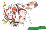  1girl animal_ears barefoot bell blush brown_hair cat_ears cat_tail cucumber goutokuji_mike jingle_bell jumping motion_lines multicolored_hair open_mouth orange_hair patchwork_clothes scared solo streaked_hair sweatdrop tail touhou white_hair yanagita_(daitai_2_ton) 