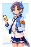  1girl asakura_tooru bangs black_border blouse blue_eyes blue_jacket blue_neckwear blue_ribbon blue_skirt blue_sky border cellphone clouds cloudy_sky collared_blouse commentary_request cowboy_shot grey_hair hair_ribbon holding holding_phone horizon idolmaster idolmaster_shiny_colors jacket letterman_jacket long_sleeves looking_at_viewer loose_necktie miniskirt necktie odawara_hakone open_clothes open_jacket parted_lips phone plaid plaid_skirt ribbon short_hair skirt sky smartphone smile solo standing white_blouse wing_collar 