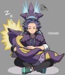  1boy black_legwear boku_no_hero_academia closed_mouth commentary_request crossover frown grey_background grey_eyes grey_footwear highres hood hoodie leggings male_focus pokemon pokemon_(creature) pokemon_on_back purple_hoodie shinsou_hitoshi shoes sitting sleeping sneakers spiky_hair squiggle tonbanlove toxtricity toxtricity_(amped) toxtricity_(low_key) zzz 
