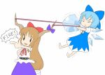  &gt;_&lt; 2girls :&lt; :d barefoot belt blue_bow blue_dress blue_hair blue_ribbon bow brown_hair chibi cirno commentary cowboy_shot detached_wings dress english_text full_body hair_bow hair_ribbon horn_bow horn_ornament horn_ribbon horns ibuki_suika ice ice_wings long_hair mazume multiple_girls no_nose open_mouth pointing puffy_short_sleeves puffy_sleeves purple_bow purple_ribbon purple_skirt ribbon rubber_band shirt short_hair short_sleeves simple_background skirt sleeveless slingshot smile solid_oval_eyes speech_bubble touhou trembling v-shaped_eyebrows white_background white_shirt wings 