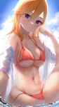    1girl absurdres bangs bikini blue_sky blush breasts clouds collarbone day eyebrows_visible_through_hair hair_between_eyes hand_up highres long_hair looking_at_viewer love_live! love_live!_superstar!! medium_breasts navel orange_hair parted_lips red_bikini shibuya_kanon sitting sky solo straight_hair swimsuit tanaka212 violet_eyes water wet wet_clothes wet_hair wet_swimsuit 