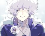  1boy bowl_cut closed_eyes clouds cloudy_sky collared_jacket dandelion eyes_visible_through_hair flower jacket jewelry kageyama_ranmaru kimi_ga_shine md5_mismatch necklace open_mouth resolution_mismatch short_hair shuriken signature sky smile solo source_larger teeth toma_3638 weapon white_hair 