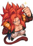  absurdres bare_pectorals biceps blue_eyes dragon_ball dragon_ball_gt from_above fusion gogeta highres looking_at_viewer looking_up monkey_boy monkey_tail no_nipples pectorals red_fur relio_db318 solo spiky_hair super_saiyan super_saiyan_4 tail thumbs_up 
