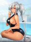  1girl bare_arms bare_legs bare_shoulders black_nails black_swimsuit blush breasts dark-skinned_female dark_skin fingernails hair_between_eyes highres kantai_collection kasumi_(skchkko) large_breasts long_hair looking_at_viewer musashi_(kancolle) nail_polish no_eyewear one-piece_swimsuit red_eyes shiny shiny_clothes sitting smile solo swimsuit two_side_up wet white_hair 