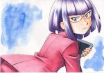  1girl bangs blue_background blunt_bangs closed_mouth commentary_request frown glasses hand_up highres holding jacket looking_at_viewer looking_back matori_(pokemon) oka_mochi pants pink_jacket pink_pants pokemon pokemon_(anime) pokemon_xy_(anime) purple_hair short_hair solo tablet_pc team_rocket traditional_media violet_eyes 